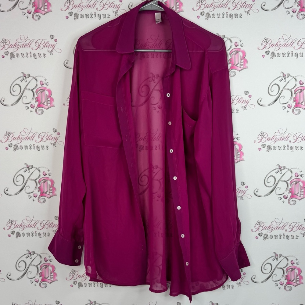 American Apparel chiffon long sleeve cardigan Magenta Button Down Shirt